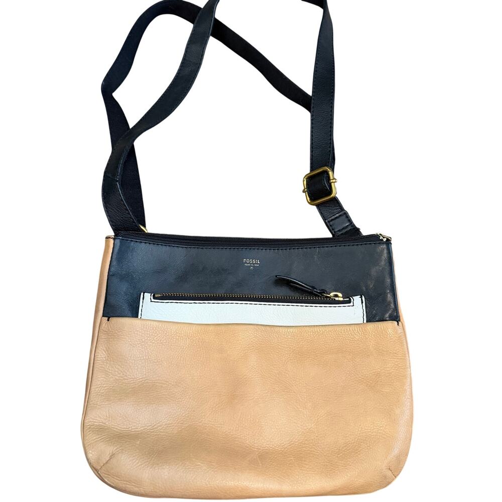 Fossil leather over the shoulder purse tan and black lightweight gently used